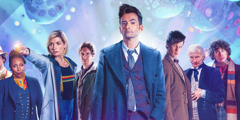 Doctor Who 60th-Anniversary Promotional Poster with 1st, 4th, 8th, 11th, and 14th Doctors