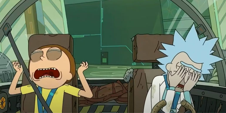 Morty Smith and Rick Sanchez crying in Rick's ship in Rick and Morty