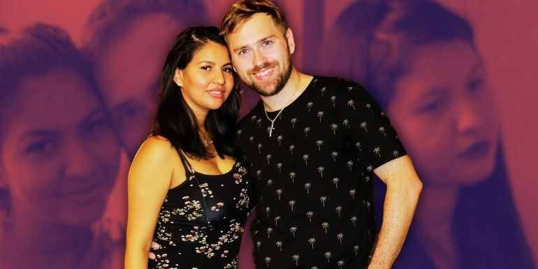Montage of 90 Day Fiance's Karine Martins and Paul Staehle purple background