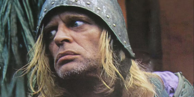 Aguirre Wrath of God main character Klaus Kinski stares worriedly offscreen