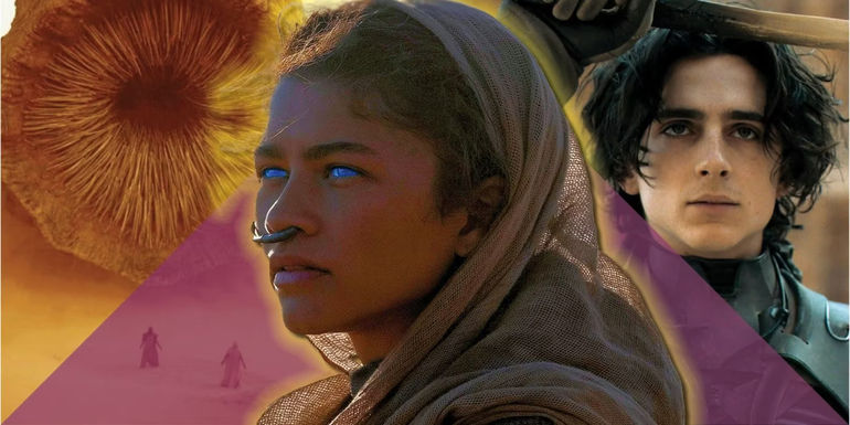 Zendaya as Chani and Timothee Chalamet as Paul in Dune 2021 movie.