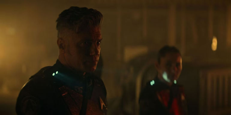 Captain Pike and La'an Noonien Singh on the destroyed colony Strange New Worlds Hegemony