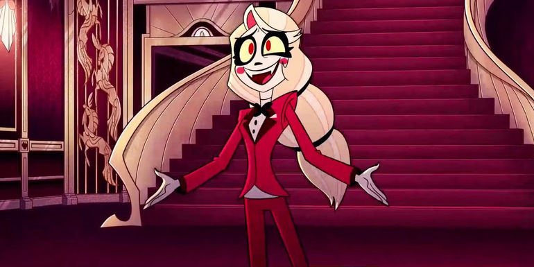 Charlie in Hazbin Hotel standing at bottom of stairs and holding her hands wide