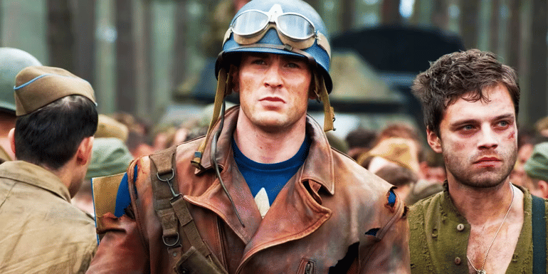 Chris Evans' Captain America and Sebastian Stan's Bucky Barnes as soldiers in WWII in Captain America The First Avenger