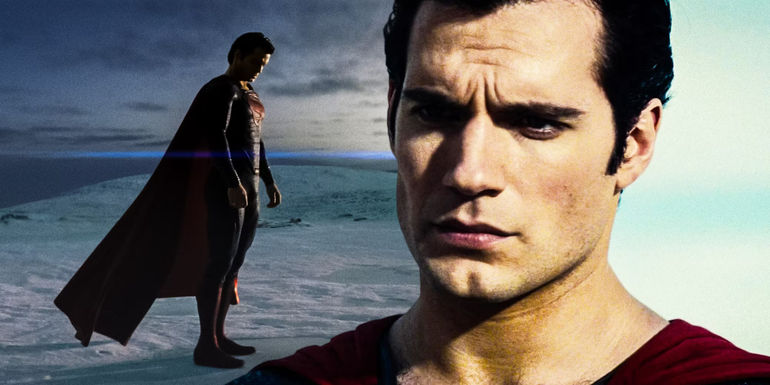 Henry Cavill as Superman standing on the ice and a close up of him.