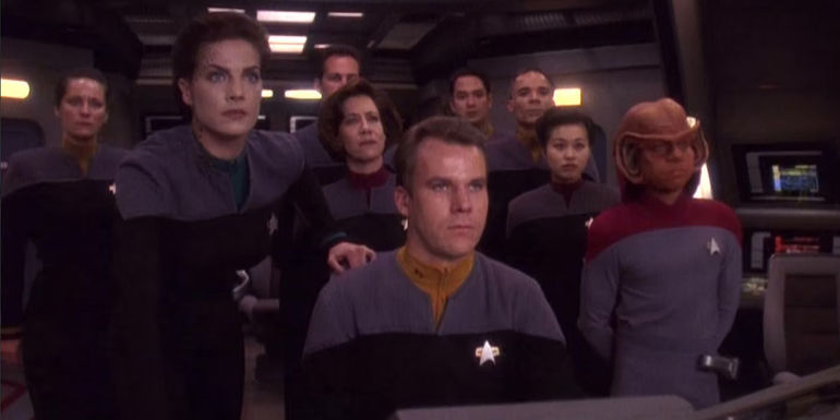 Jadzia Dax, Nog, and Starfleet officers look on from Defiant bridge DS9 A Call to Arms