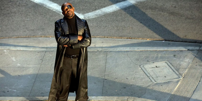 Samuel L Jackson as Nick Fury looking up at Tony in Iron-Man 2