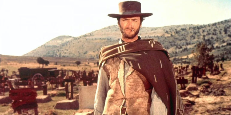 The Man with no name looks on in A Fistful of Dollars 