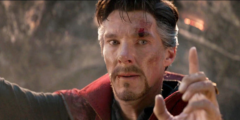 Benedict Cumberbatch as Doctor Strange holding up one finger in Avengers Endgame