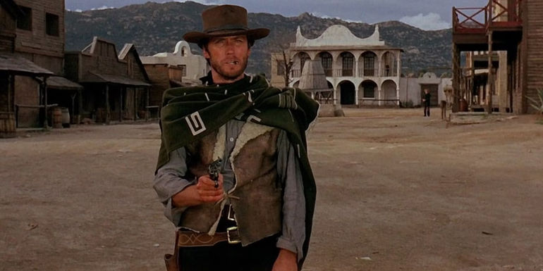 Clint Eastwood with a gun in A Fistful of Dollars