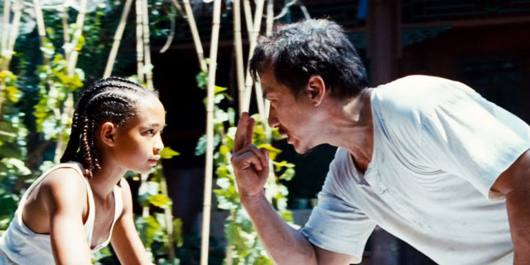 Jaden Smith as Dre Parker training with Jackie Chan as Mr. Han in The Karate Kid