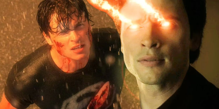 Custom image of Tom Welling's Clark Kent staring up as rain falls and using his heat vision in Smallville.