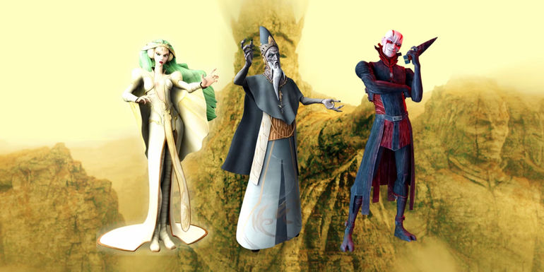 The Mortis gods from Clone Wars in the foreground with the Mortis gods statues in Ahsoka in the background.