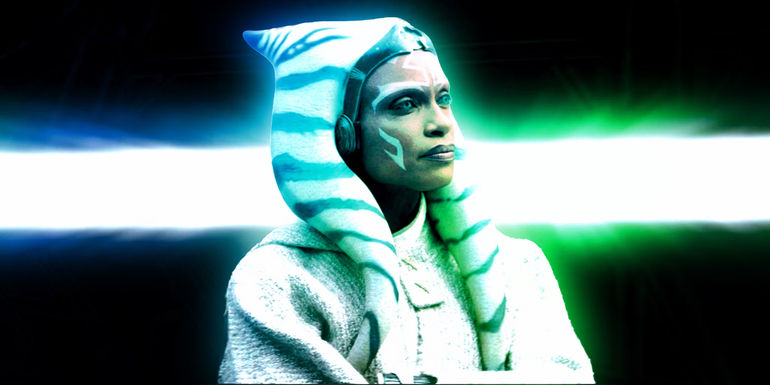 Ahsoka Tano from the Ahsoka finale in the foreground, the gateway to Mortis in the background.