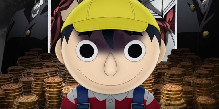 The mascot of the Tomodachi Game is surrounded by money