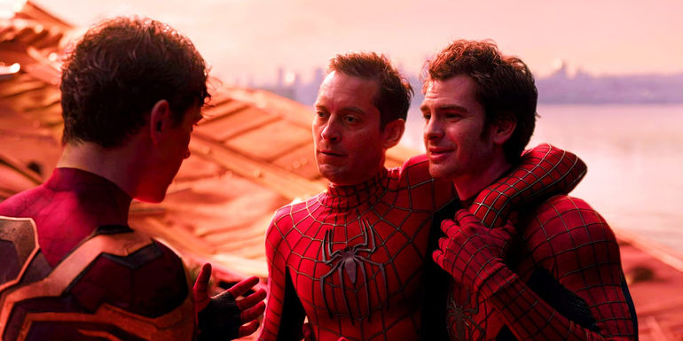 Tobey Maguire, Andrew Garfield, and Tom Holland as Spider-Man Talking in Spidey Suits in Spider-Man: No Way Home