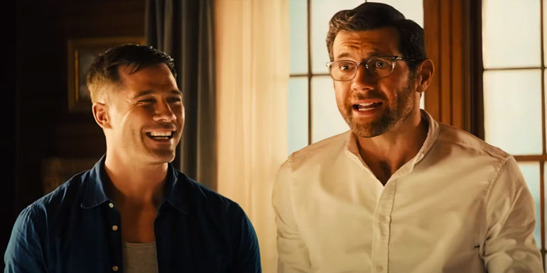 Billy Eichner as Bobby and Luke Macfarlane as Aaron laughing in the Judd Apatow rom-com Bros