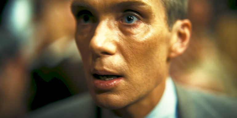 Cillian Murphy in disbelief in Oppenheimer.