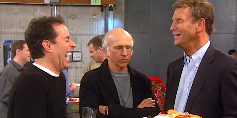 Funkhouser tells Jerry Seinfeld a joke in Curb Your Enthusiasm