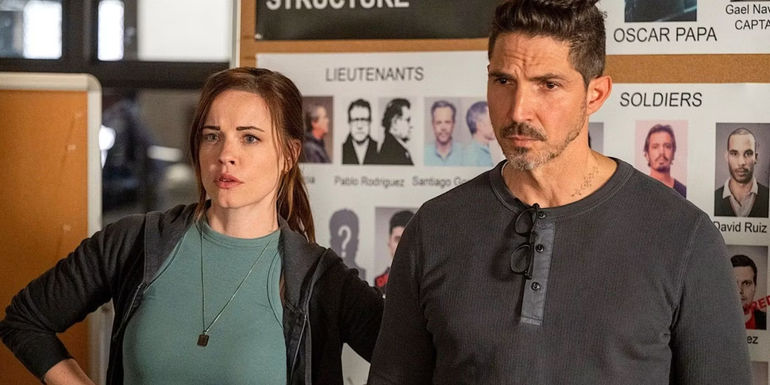 Grace Muncy (Molly Burnett) with her hands on her hips standing next to Mike Duarte (Maurice Compte) in SVU.