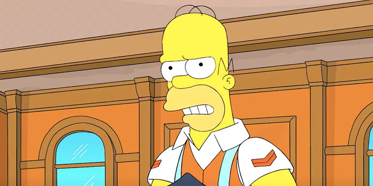 Homer frowns angrily in the courthouse while wearing his crossing guard uniform in The Simpsons season 35 episode 1