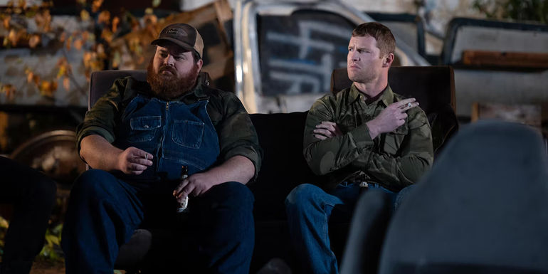 K. Trevor Wilson and Jared Keeso as Dan and Wayne smoking after fight in Letterkenny season 12