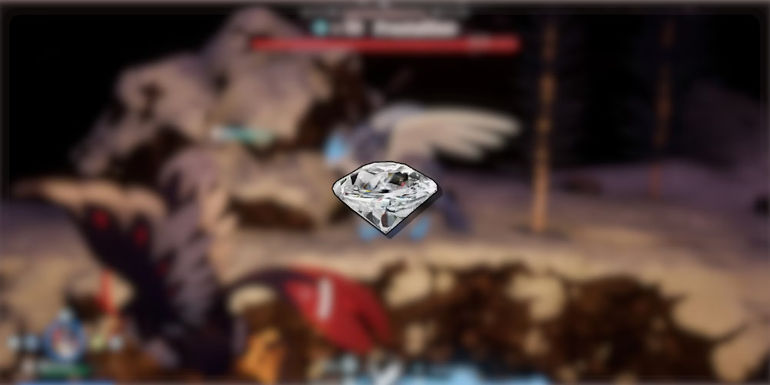 Image of a Diamond in the foreground and a battle with Frostallion in the background from Palworld