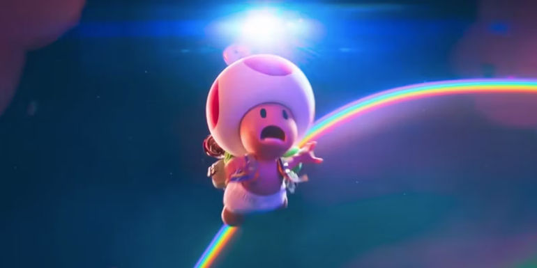 Toad falling off Rainbow Road in The Super Mario bros movie