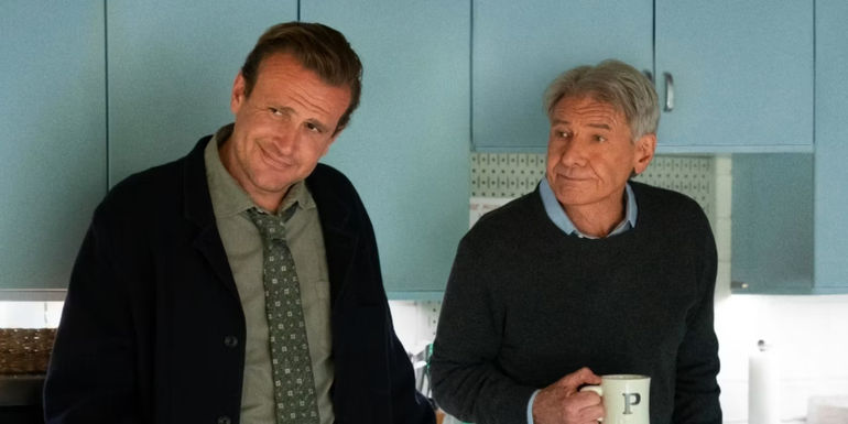 Jimmy (Jason Segel) and Paul (Harrison Ford) in the kitchen in Shrinking