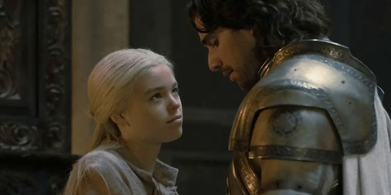 Milly Alcock and Fabien Frankel as Rhaenyra Targaryen and Ser Criston Cole in House of the Dragon
