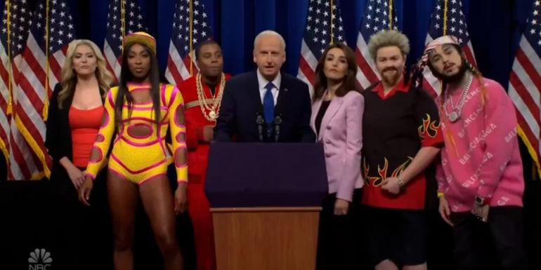 Joe Biden on stage of other famous personalities on Saturday Night Live