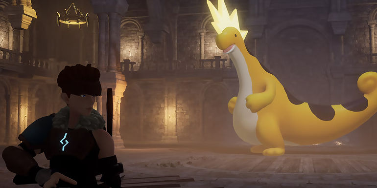 Palworld player facing the Relaxaurus Lux boss