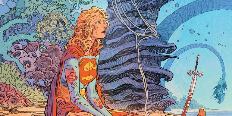 Supergirl Sitting After Battle Covered In Blood In Supergirl Woman of Tomorrow Comic Cover