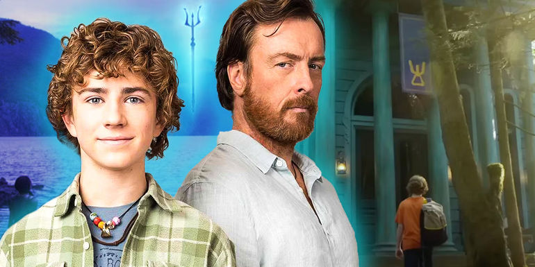 Percy Jackson (Walker Scobell) and Poseidon (Toby Stephens) in front of Poseidon's cabin and trident at Camp Half-Blood