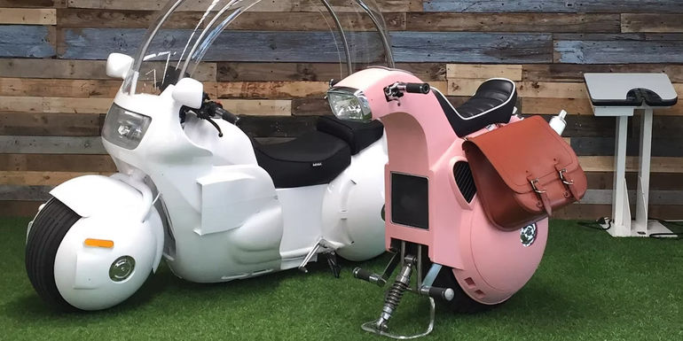 Photo of Bel and Bel's recreation Capsule No. 9 and Lunch's Monowheel, from Akira Toriyama's Dragon Ball