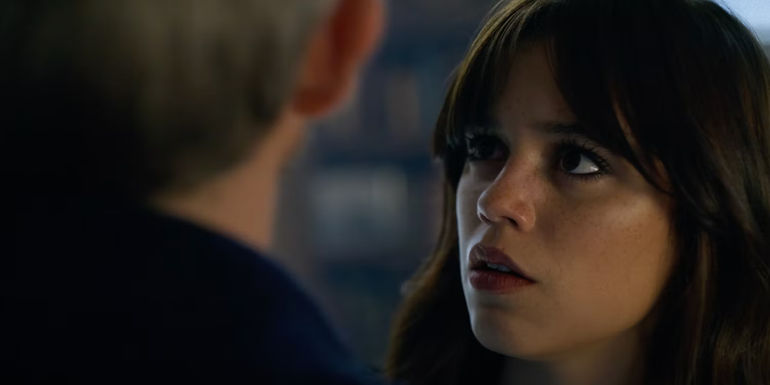 Jenna Ortega looking at Martin Freeman in Miller's Girl