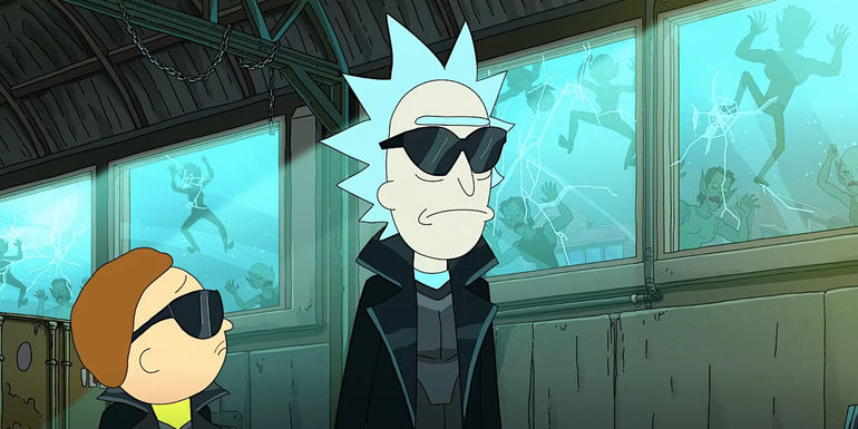 Morty and Rick dressed as Blade surounded by vampires in a warehouse in Rick and Morty season 7