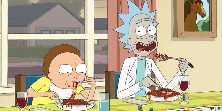 Morty and Rick eating spaghetti in Rick and Morty season 7