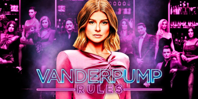 Raquel Leviss with Vanderpump Rules logo below and cast in the background