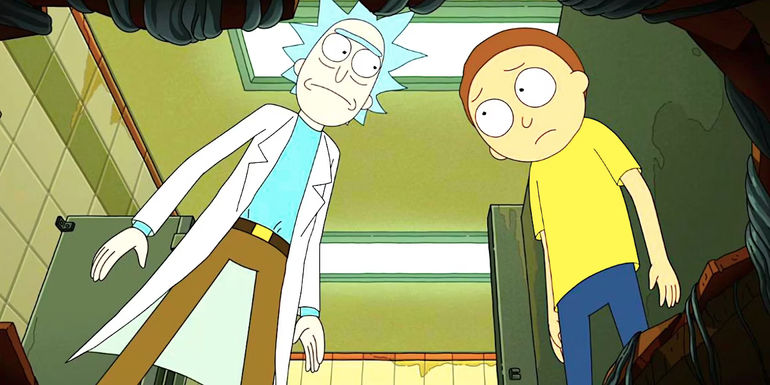 Rick and Morty stand in a bathroom stall looking at the floor in the season 7 finale