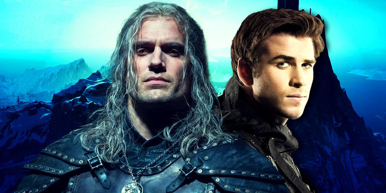 Split image of Henry Cavill as Geralt in The Witcher and Liam Hemsworth