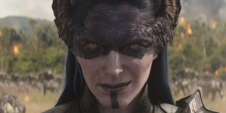 Carrie Coon as Proxima Midnight on the Wakanda battlefield in Infinity War