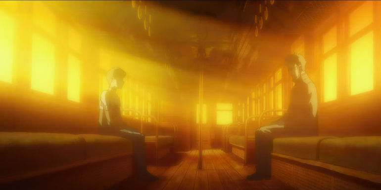 Rebuild of Evangelion: Shinji and Gendo speak on the metaphorical train.