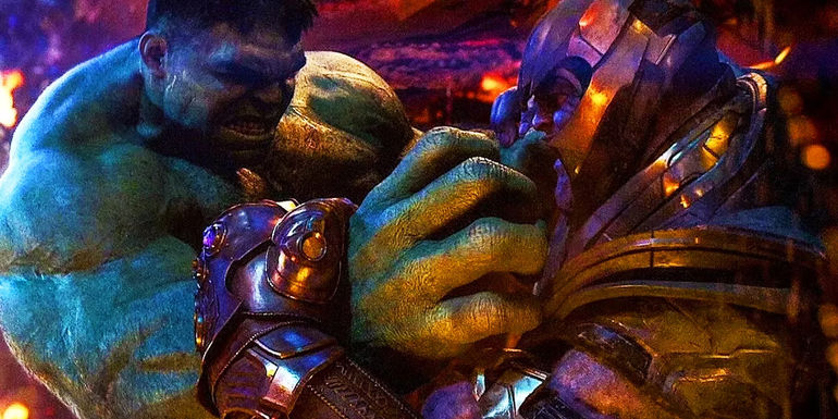The Hulk battling Thanos at the start of Avengers Infinity War