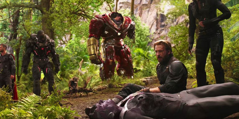 Thor, War Machine, Rocket, Bruce Banner, Black Widow, Captain America and dead Vision at the end of Avengers Infinity War