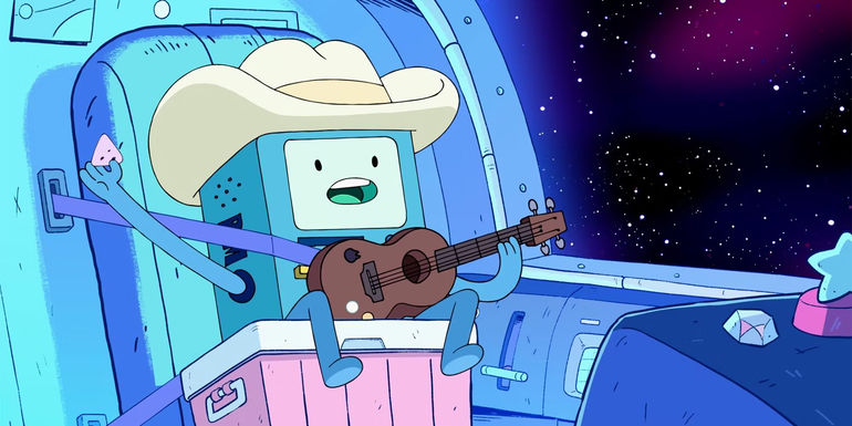BMO wearing a cowboy hat and playing a guitar in Adventure Time Distant Lands