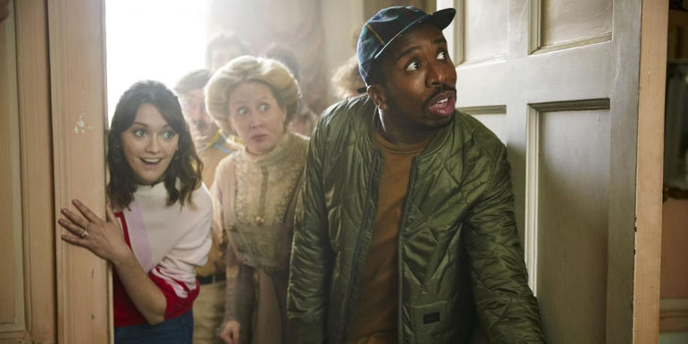 Alison and Mike look around their house in Ghosts