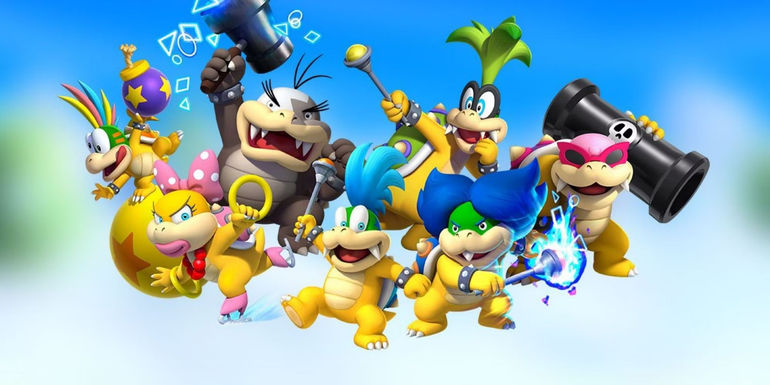 Koopalings in Mario Bros against a blurry sky background