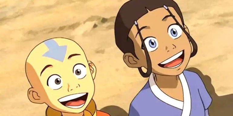 Aang and Katara smiling wide in Avatar The Last Airbender animated series