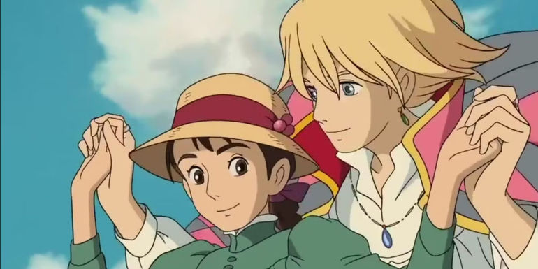 Howl and Sophie flying in Howl's Moving Castle during the day.